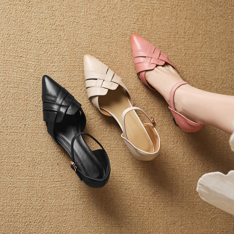 Giày sandal cao gót nữ quai ngang mũi nhọn da cừu gót 5,5 cm — đen