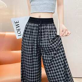 阔腿裤女夏季2026薄款胖mm时尚遮肉垂感韩版宽松显瘦格子直简长裤