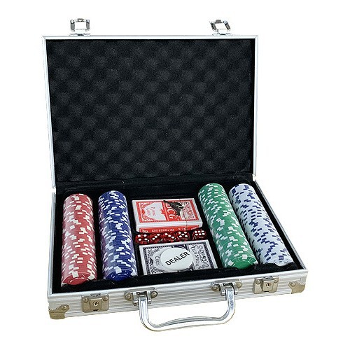 Texas Hold'Em Poker Chip Set in Aluminum Box with 200 Pieces, Cards, Dice, and Table Games for Entertainment and Dedicated Use in Card Rooms
