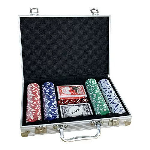 Texas Hold'Em Poker Chip Set in Aluminum Box with 200 Pieces, Cards, Dice, and Table Games for Entertainment and Dedicated Use in Card Rooms