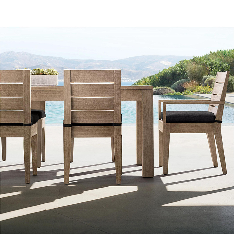 Mesa y sillas de patio al aire libre de alta gama terraza de jardín al aire libre impermeable a prueba de agua y protección solar de madera maciza mesa larga de hotel villa de madera