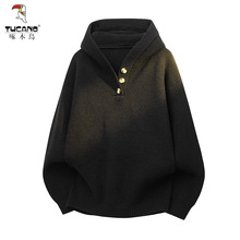 啄木鸟秋冬季美式复古亨利领连帽毛衣男秋季宽松高级感针织衫外套