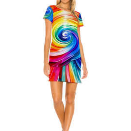 夏季TEMU亚马逊跨境外贸度假风女欧美风夏日数码印花短袖短裙女裙