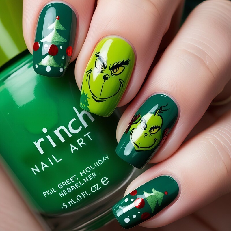 Christmas Green Furry Monster Grinch Square Wearable Nails Christmas Tree Cartoon Fake Nails Manicure 2633