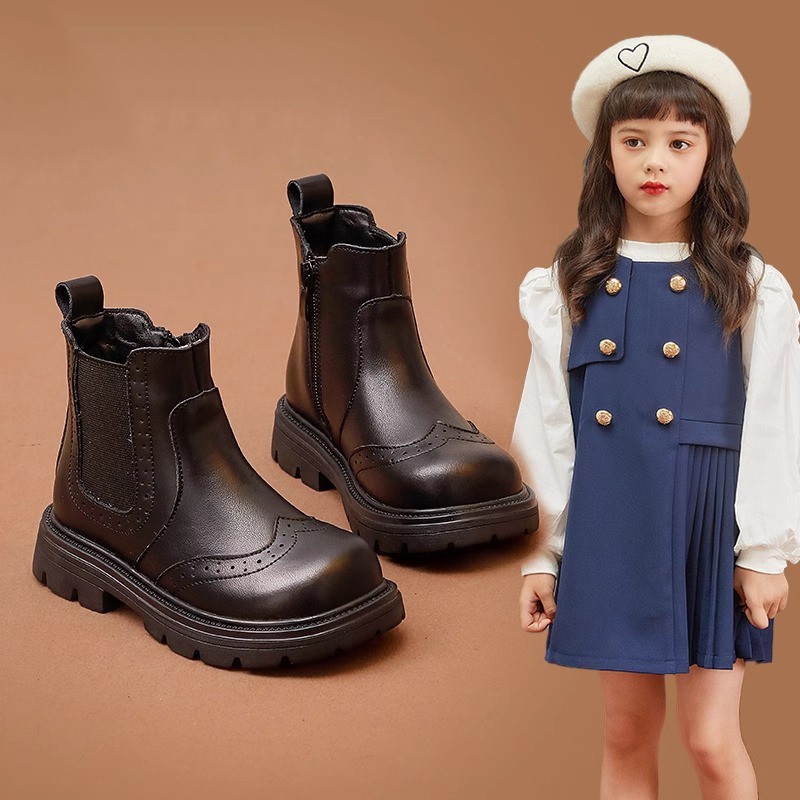 Girls' shoes, children's Martin short boots 2024 new autumn and winter styles, black single boots, Baroque British style_voghion.com