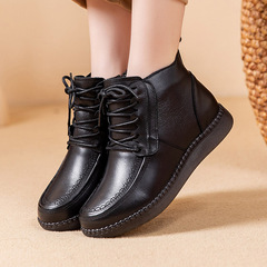 Top-Grade Calfskin Winter Cotton Shoes for Mothers, Genuine Leather Wool Knit Boots for Middle-Aged and Elderly Women, Fleece Lined, Warm Keeping, Anti-Slip, Women's Shoes for Grandmothers