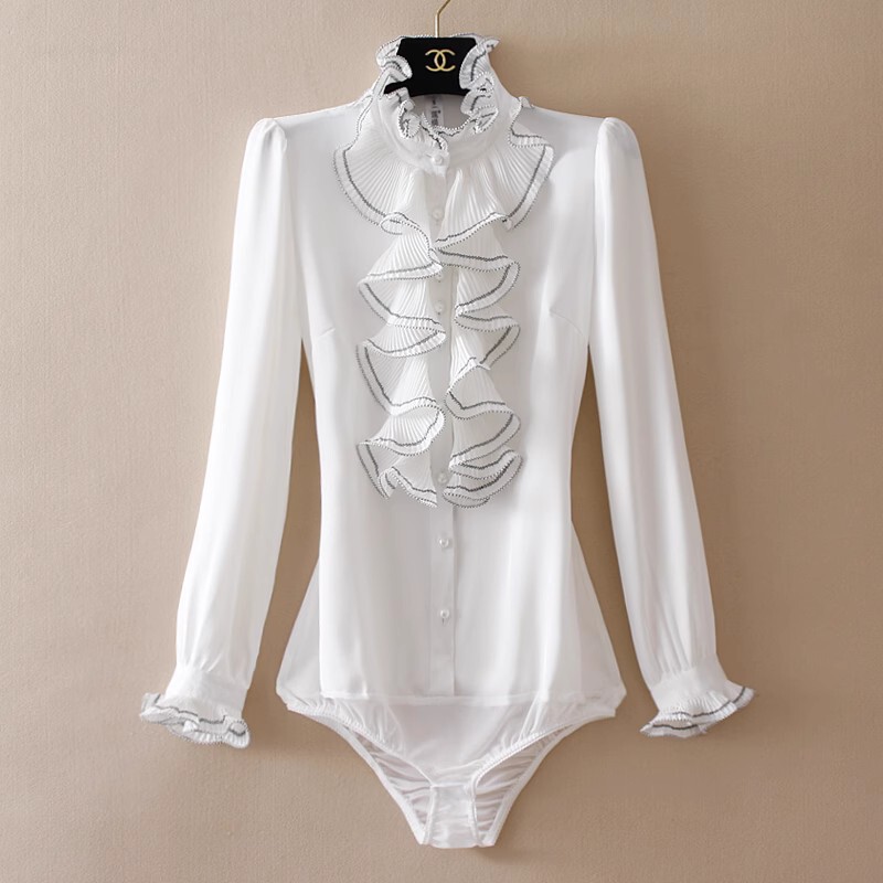 Branded Long-Sleeved One-Piece Shirt with Crotch, Fungus Ruffles, High-End Imitation Acetate Satin Shirt, High-End White Branded Long-Sleeved One-Piece Shirt with Crotch, Fungus Ruffles, High-End Imitation Acetate Satin Shirt, High-End White