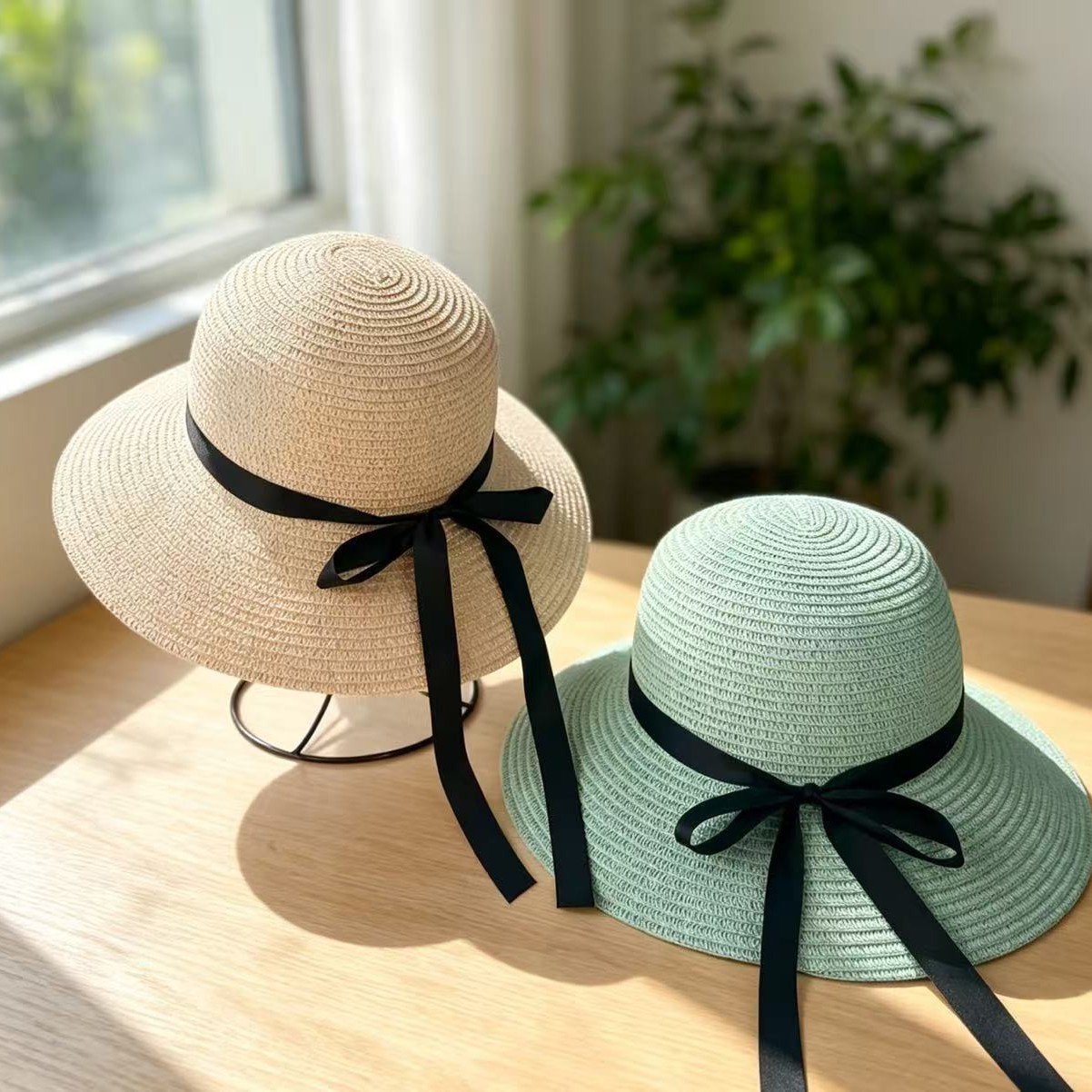 Sombrero de paja para el sol de verano para mujer con lazo de cinta negra, sombrero de ala ancha, sombrero tipo cubo para adultos, sombrero de protección solar para mujer con ala ancha.