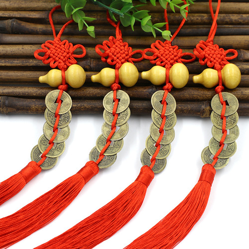 Alloy Five Emperors Money Pendant Wooden Gourd Five Emperors Money Chinese Knot Pendant Door to Door Feng Shui Pendant Manufacturer Wholesale