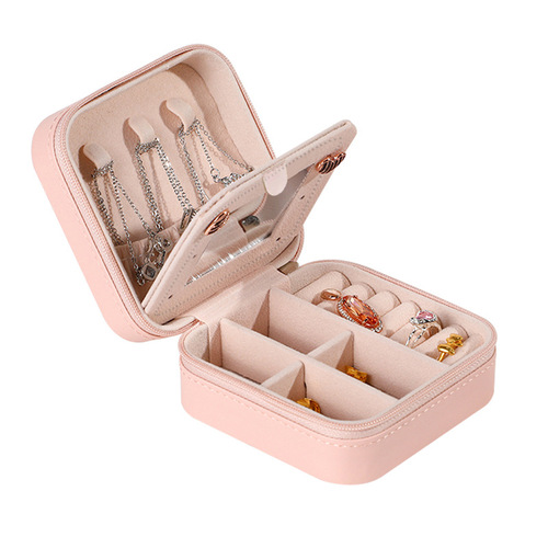 Jewelry Box Simple Mirror Style PU Accessory Box Travel Portable Earring Necklace Storage Box Wholesale