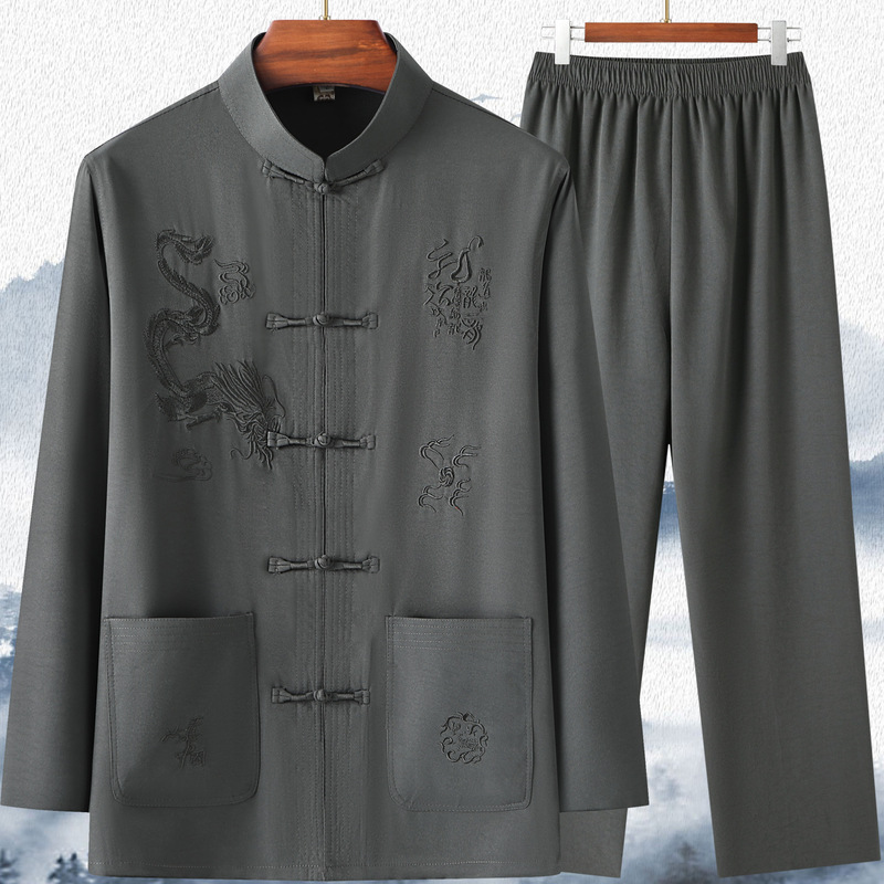 Tang Suit Men's Long-sleeved Middle-aged and Elderly New Chinese-style Hanfu Spring and Summer Dad Suit Shirt Grandpa Shirt Tai Chi Suit