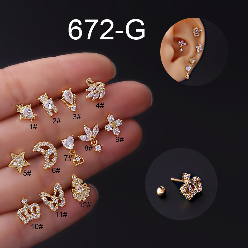 20G acciaio al titanio asta sottile zircone auricolare farfalla corona stella luna vite chiocciola orecchini moda singoli_voghion.com