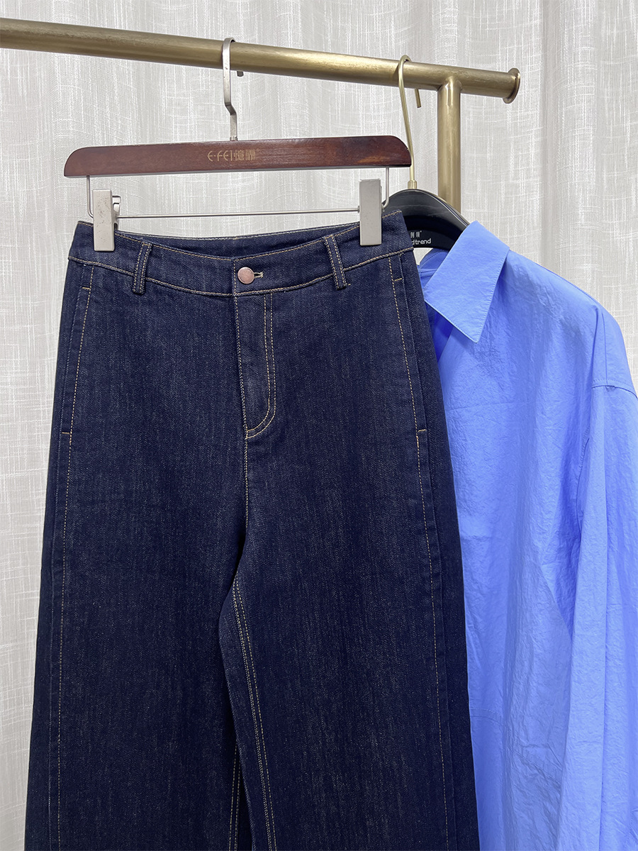 Quần jean ống rộng nữ eo cao denim đường chỉ tương phản — màu denim