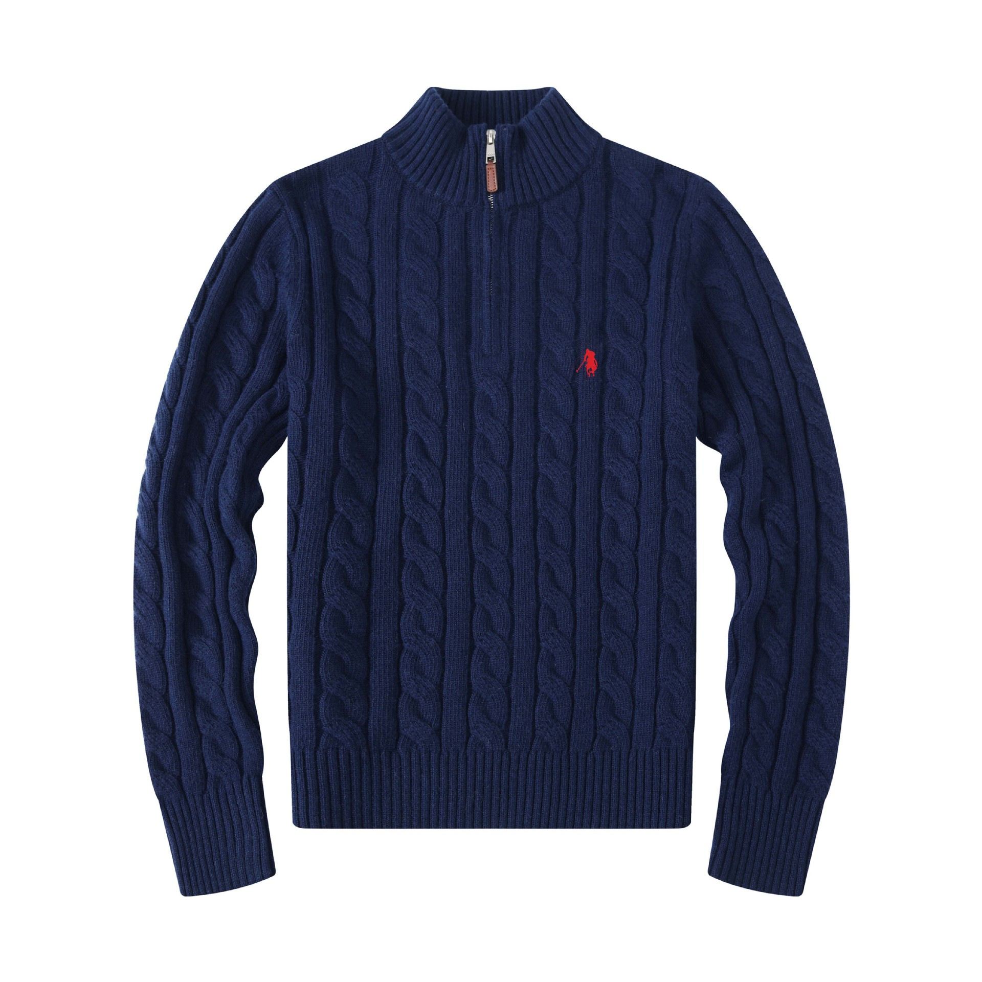 Cross-Border Foreign Trade Autumn and Winter Men's Sweater Pony Logo Half-Zip Thickened Twist Casual Wool Knitwear Trendy