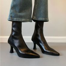 巨好看2025年新款时尚尖头气质短靴女细跟高跟弹力瘦瘦裸靴后拉链