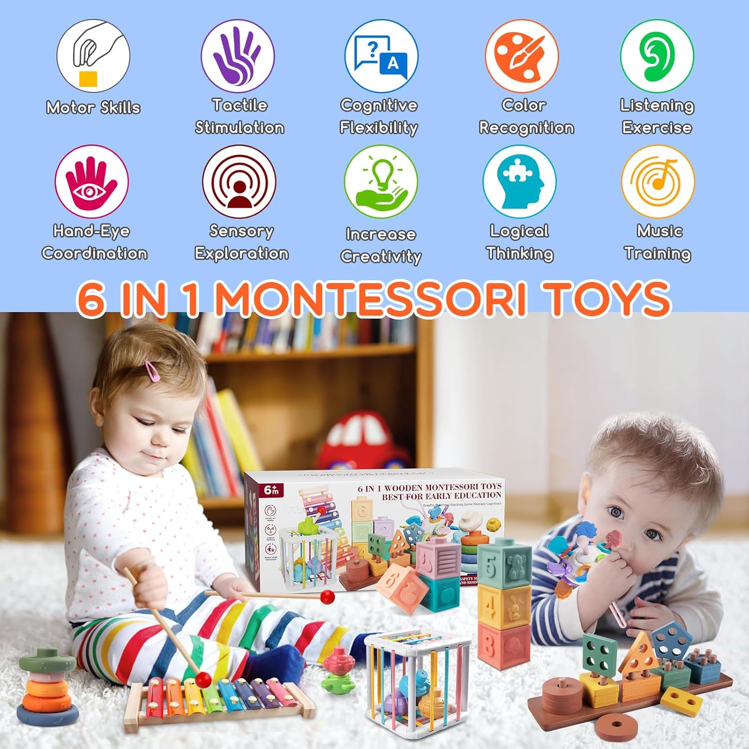 Montessori Altersklassifizierung Stapel-Lernspielzeug 6-12 Monate Holzbausteine Xylophon Babyzahnungsspielzeug