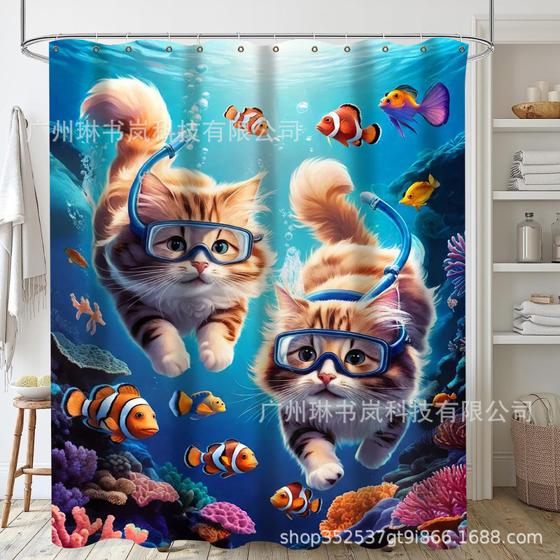 Amazon Temu Hot-Selling Funny Diving Cat Shower Curtain Polyester Digital Printing Shower Curtain Four-Piece Bathroom Curtain Set
