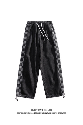 Chic Brand Hong Kong Style Instagram Retro Checkered Youth Loose Japanese Casual Straight Leg Wide Leg Denim Pants for Men and Women
