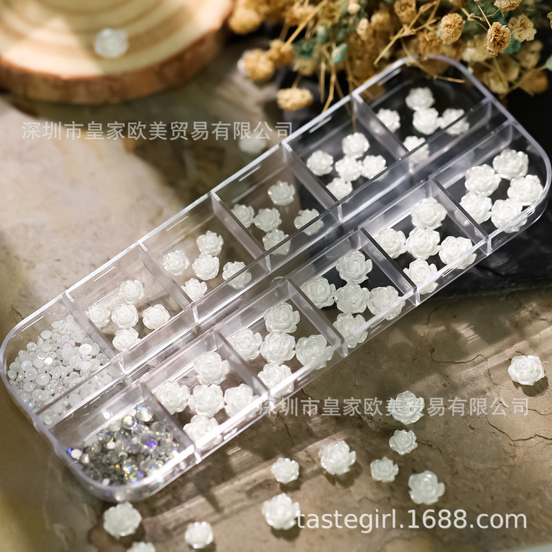 Nail Decorative White Rose Camellia Japanese Internet Celebrant Explosive Pearl White Nail Jewelry Boxed Nail Decorative White Rose Camellia Japanese Internet Celebrant Explosive Pearl White Nail Jewelry Boxed