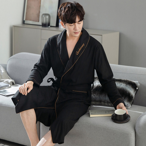Men's Spring and Autumn Cotton Long-Sleeve Pajama Set Loose Plus Size Open Cardigan Check Mid-Length Robe Homecoming Clothes