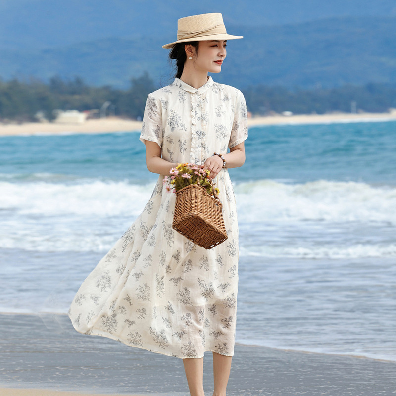2026 Summer New Style Elegant Slimming Ramie Artistic Print Dress with Doll Collar, Light Luxury High-End Long Dress
