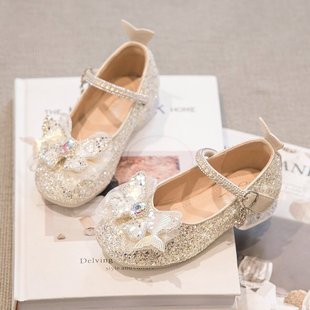 Girls Princess Shoes 2024 New Children's Leather Shoes Little Girls Crystal Shoes Baby Soft Sole High Heels Dress Shoes