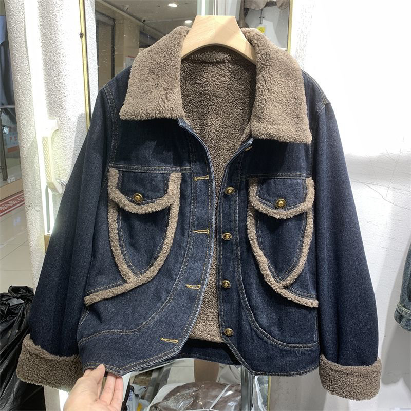 Women's Clothing lambswool thickened denim jacket lapel single breasted small long sleeved cotton jacket_voghion.com
