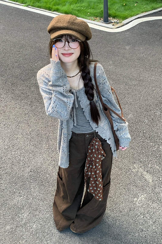 韩系灰色镂空v领针织开衫外套女2025新款早秋chic慵懒风外搭上衣|undefined