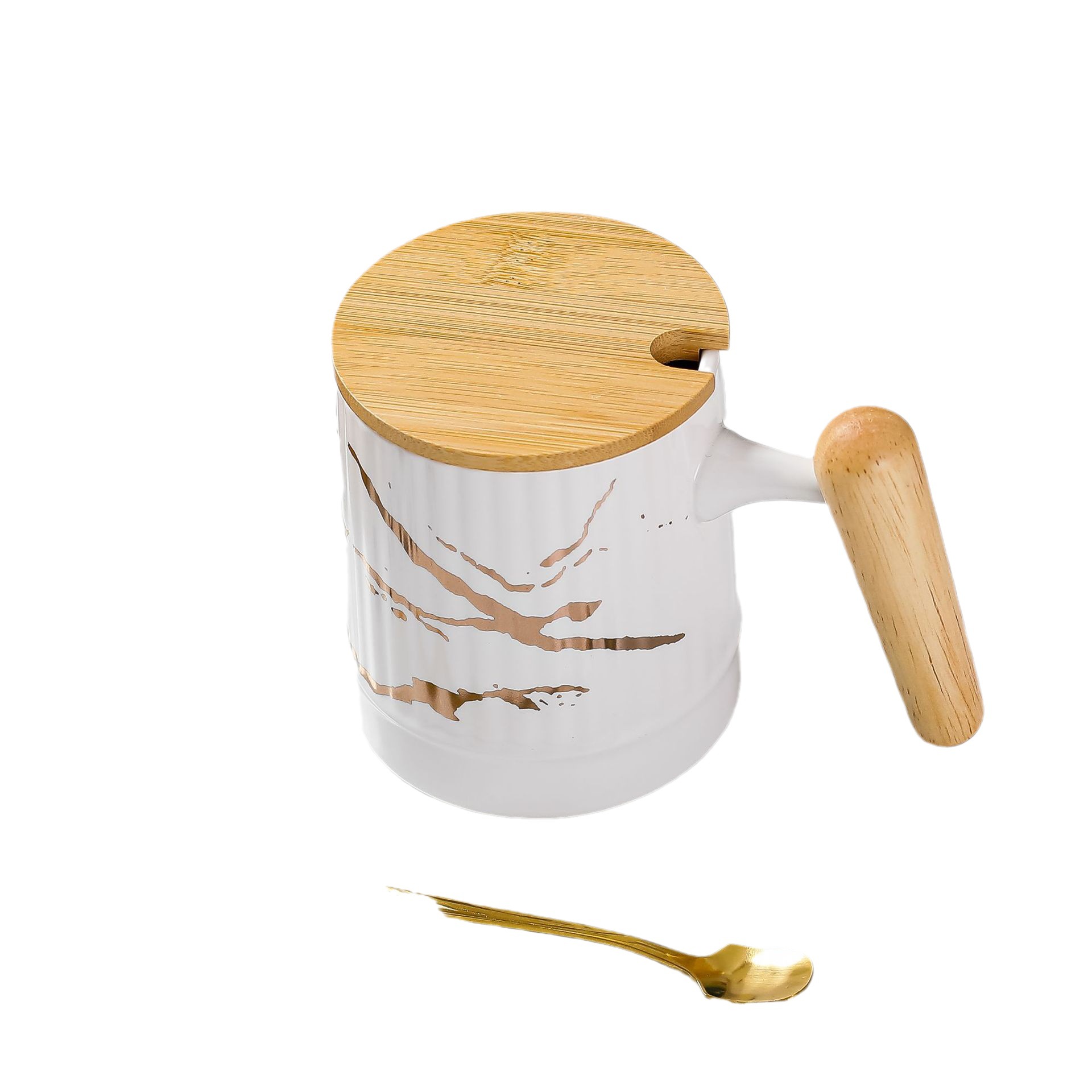 Oriente medio patrón de piedra de cerámica cubierta de la manija de madera Taza taza creativa con tapa cuchara Oficina taza de agua de regalo Taza regalo de la mano