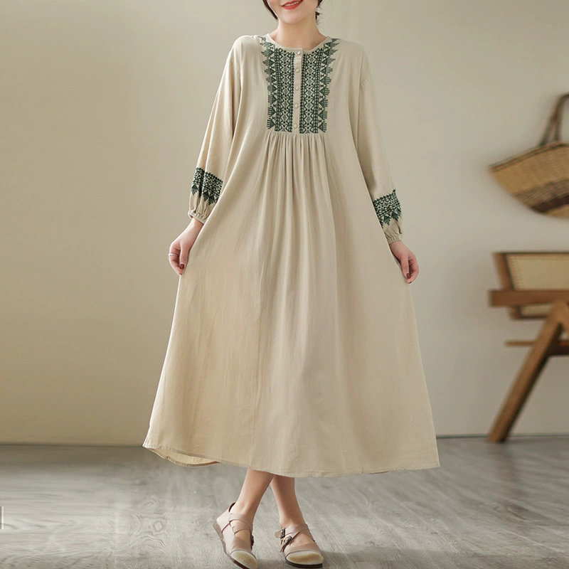 Летнее платье с длинными рукавами, корейский стиль, plus size, вышитый круглый воротник, беж/зелёное