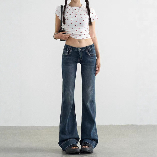 Summer New American Denim Jeans for Women Retro Washed Blue Floor-Length Trendy Stretch Ultra Low-Waist Wide-Leg Pants
