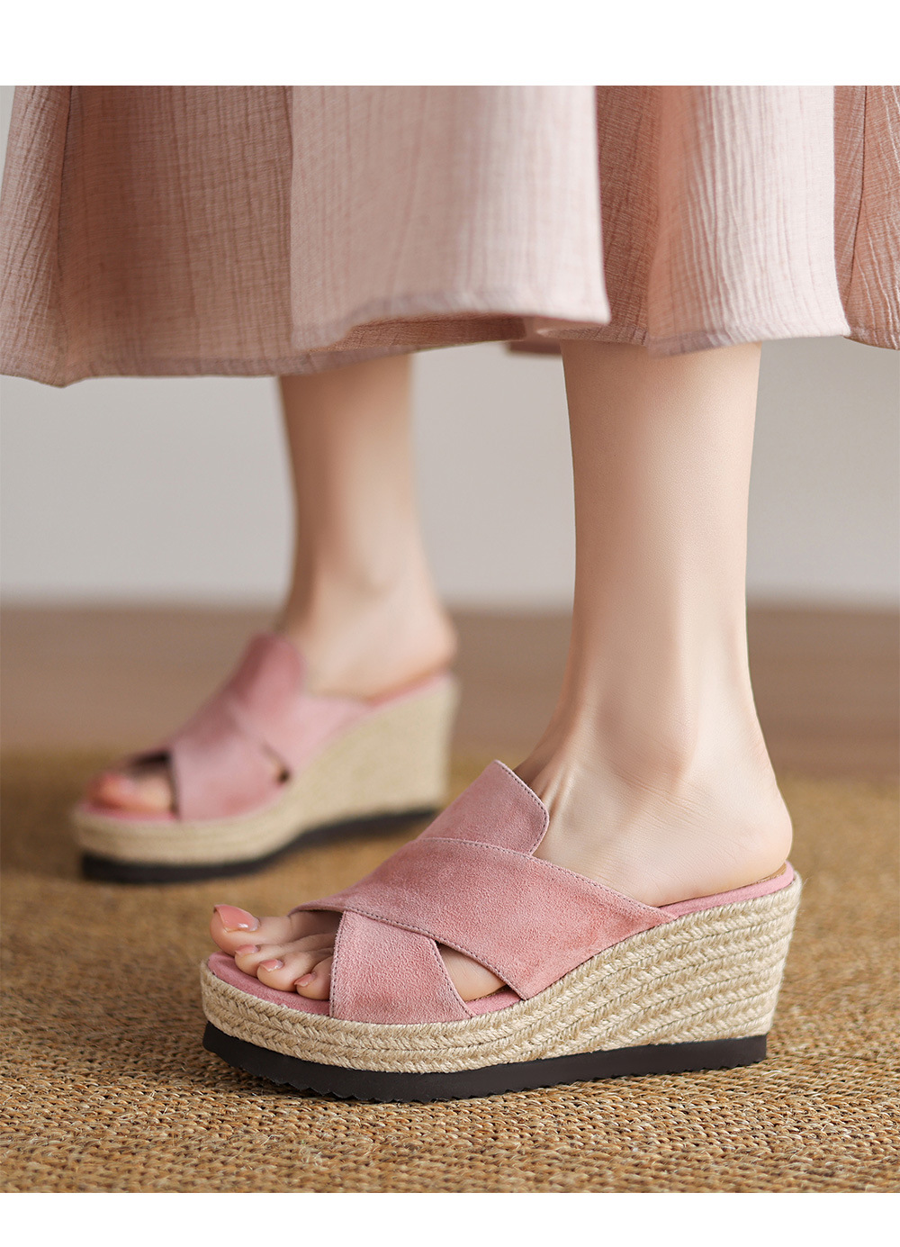 Dép sandal nữ quai ngang đế xuồng đan cói gót 7 cm — Màu đen chi tiết 14
