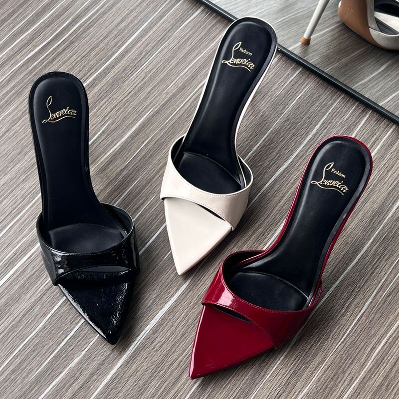 Patent leather high-heeled slip-on sandals for women, new style, pointed toe, open toe, fashionable and versatile, with thin heels