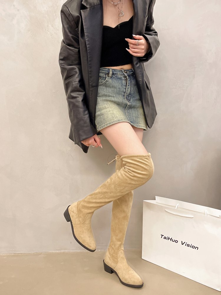 2024 new plus size versatile velvet style knee high fashion pointed thick heel slim elastic long boots_voghion.com