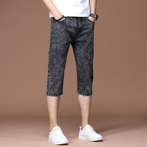 Summer thin denim shorts men's mid-length pants loose-fitting slim-fit cropped casual equestrian pants stretchy slim five-inch pants
