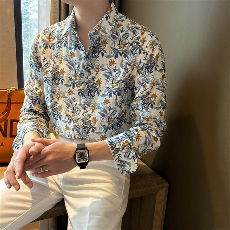 潮牌时尚长袖痞帅感碎花衬衫男士百搭 设计感薄款休花色订货其他|undefined