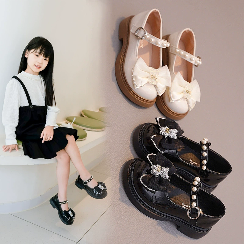Детские кожаные туфли для девочек, весна-лето 2025, черные, британский стиль, мягкая подошва, бант, туфли принцессы