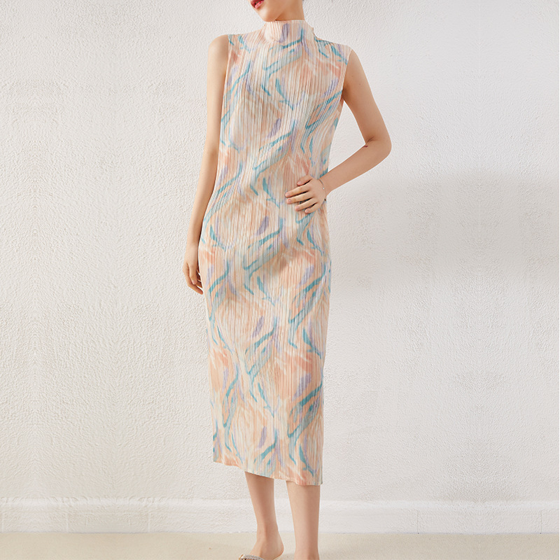 Miyake New Short-Sleeved Printed Pleated Bottoming Long Skirt 2024 Spring and Summer Pleated Sleeveless Round Neck Hip-Covering Dress