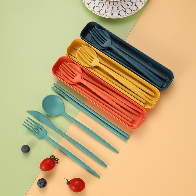 Wheat Portuguese portable tableware knife, fork, spoon and chopsticks four-piece set student outdoor travel portable tableware box suit Wheat Portuguese portable tableware knife, fork, spoon and chopsticks four-piece set student outdoor travel portable tableware box suit