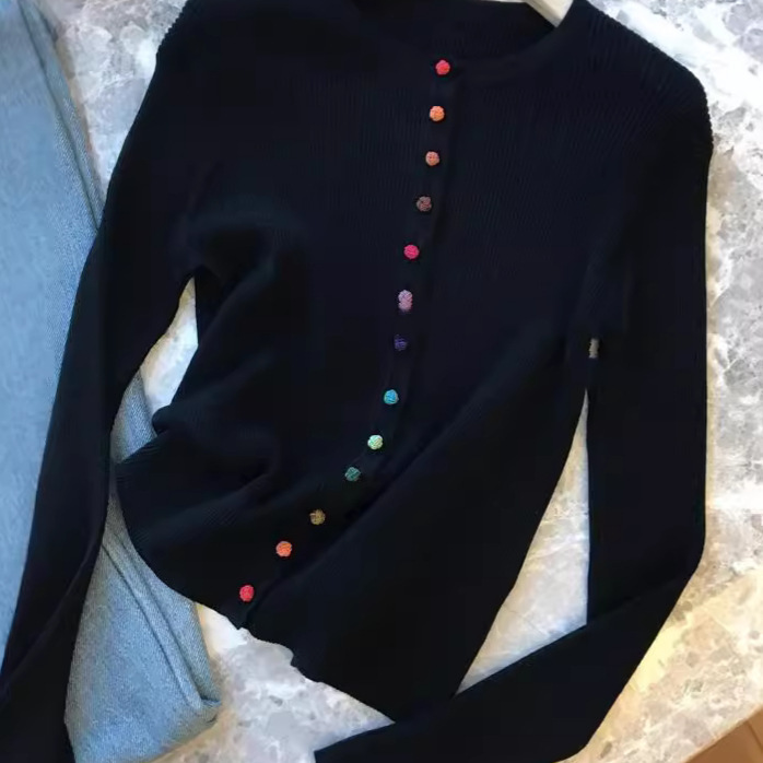 Women's Wool Knit Cardigan Round Neck Slimming Winter Rainbow Button Fine Knit Slim Fit Autumn Winter Cross-Border New Chinese Versatile