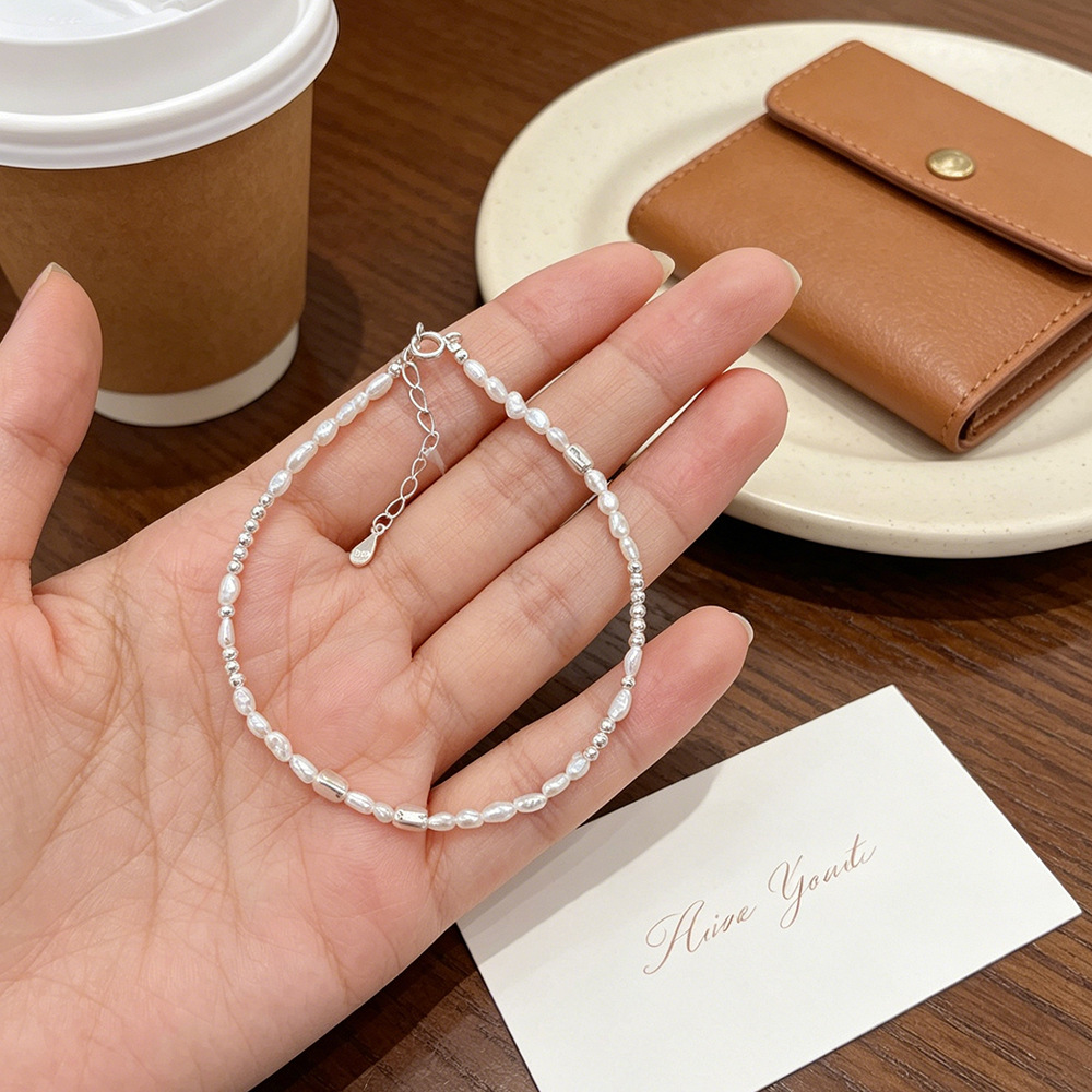 S925 Sterling Silver Crushed Silver Beads Natural Freshwater Pearl Bracelet for Women, Light Luxury, High-End Feel, Ultra-Fine Rice Bead String Jewelry