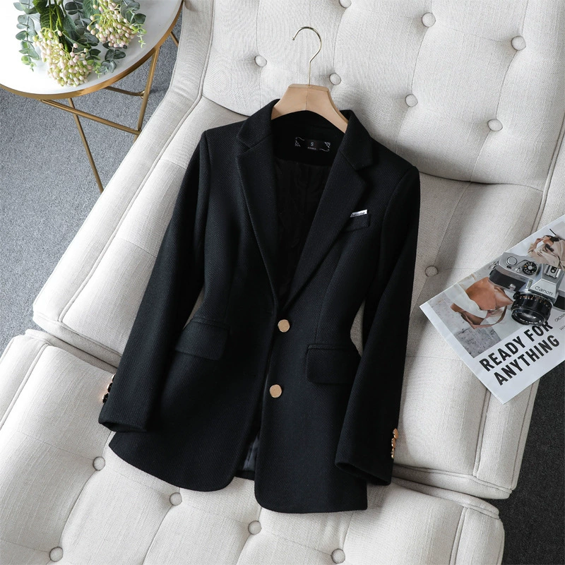 Black woolen demi-season classic suit jacket, 2023 collection, high-end, bright catchy style, increased thickness
