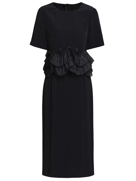 Zhili Black Young Mom High Waist Skirt 3D Ruffle Edge Spliced Short Sleeve Acetic Acid Dress 2024 Summer
