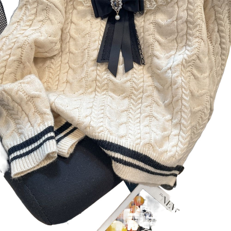 2024 프랑스 아카데미 스타일 해군 칼라 활 트위스트 스웨터 여성 모리 레트로 젠틀 스웨터 코트 CS