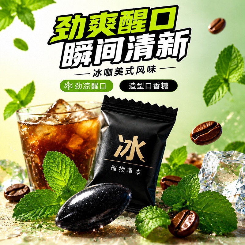 New chewing gum with eight herbal essences, filled with iced Americano and strong coconut coffee, a refreshing snack and candy
