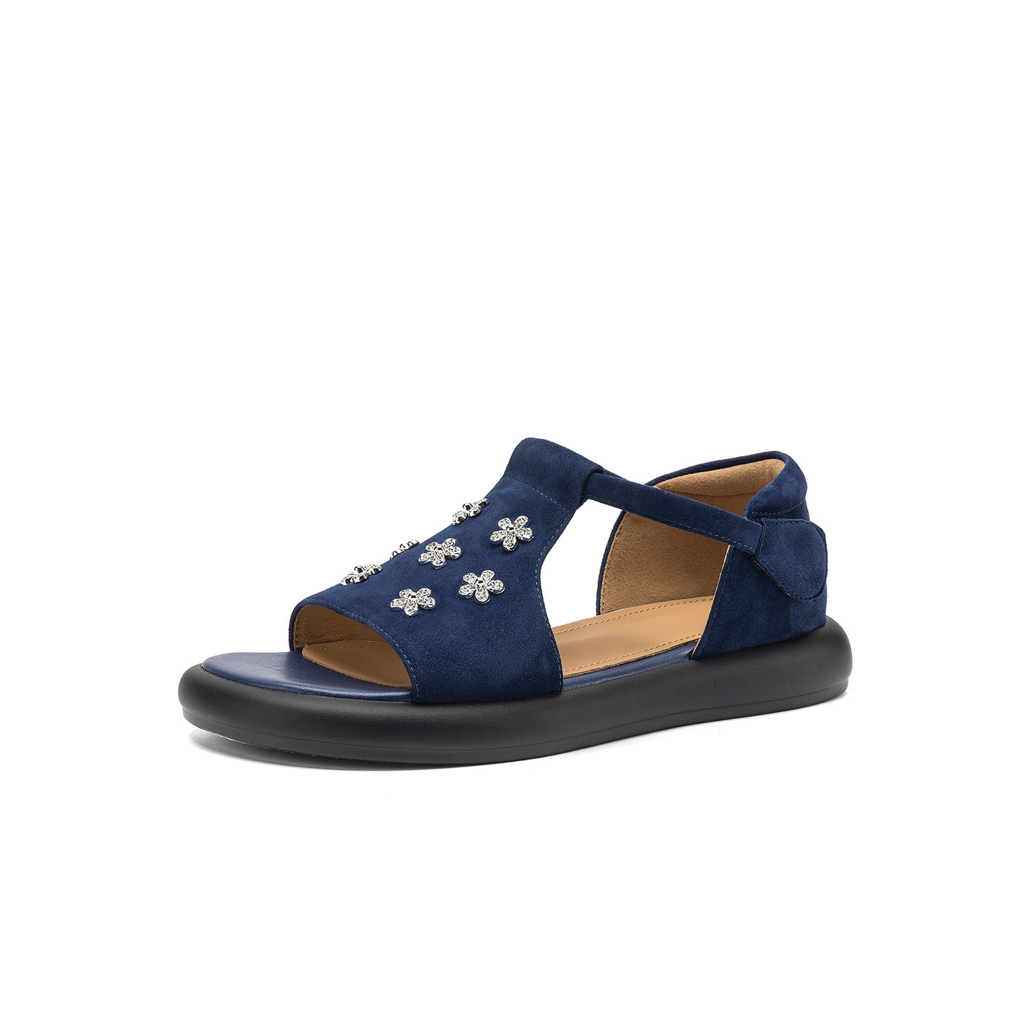 Sandal nữ hở mũi đế dày da cừu đính hoa đá — Màu xanh da trời chi tiết 24