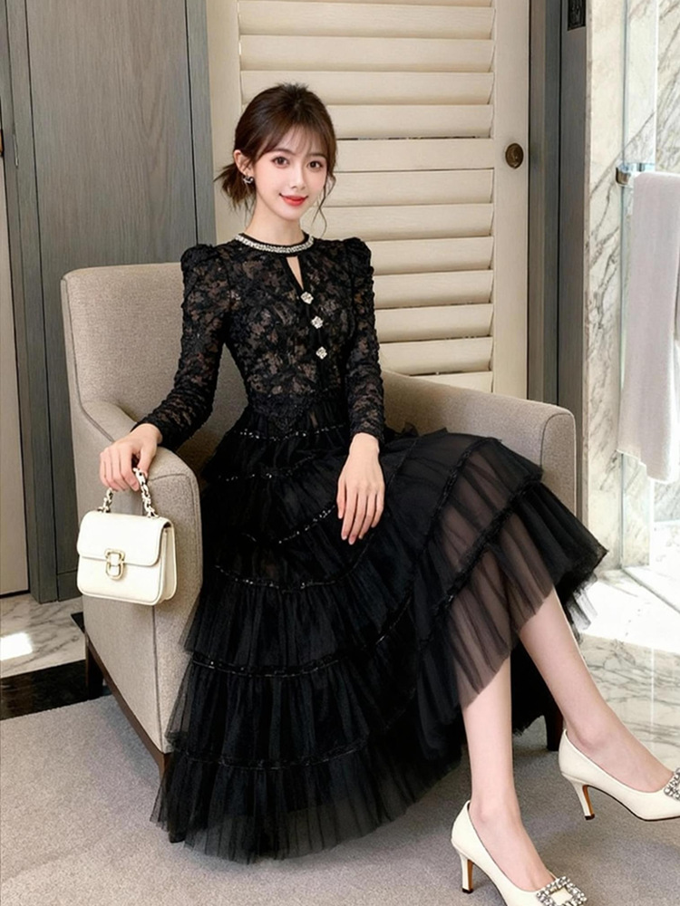 Đầm dự tiệc nữ tay dài ren đính hạt bánh thắt eo lưới — màu đen