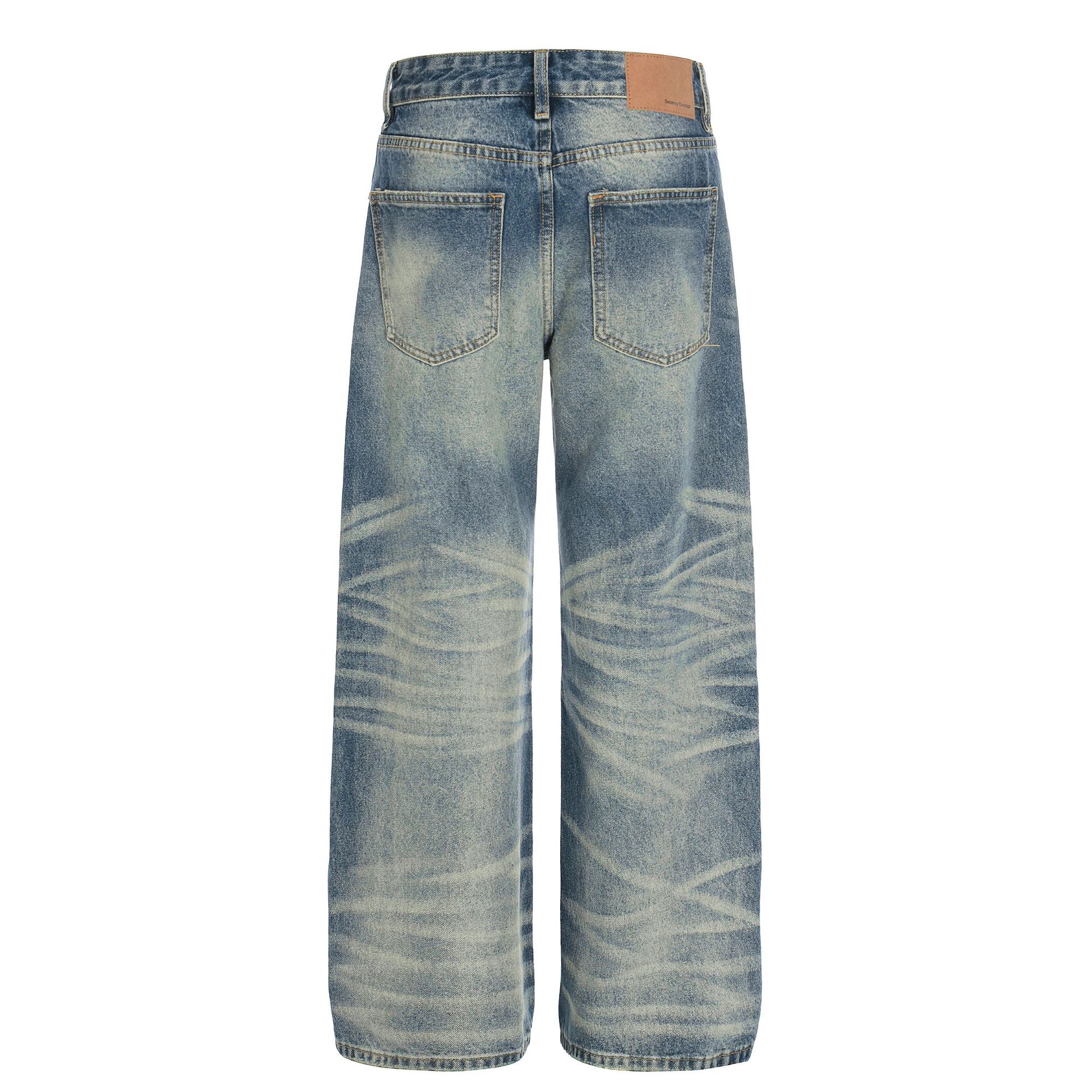 Unisex High Quality Denim Jeans High Street Retro Style Whiskered Texture Design Loose Straight Leg For Men_viptrois.com