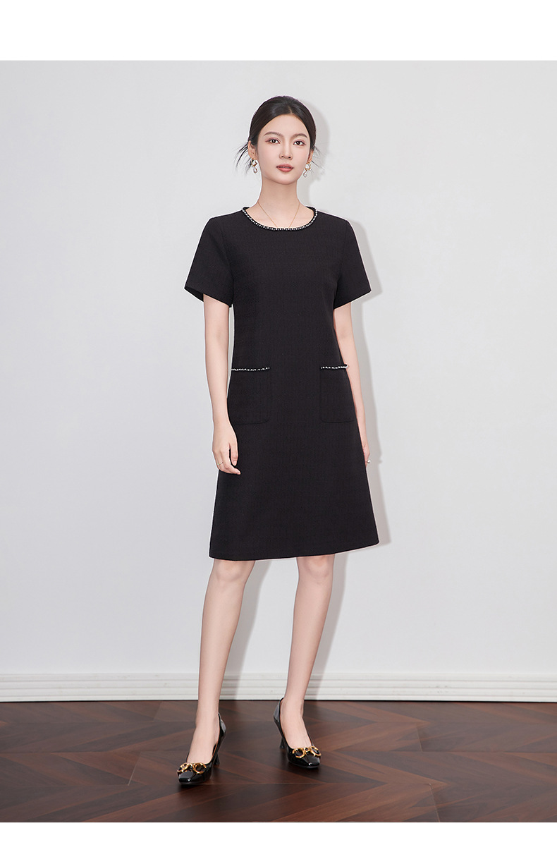 Váy liền nữ kiểu Pháp cổ tròn tay ngắn dệt jacquard ôm nhẹ — Màu be chi tiết 17