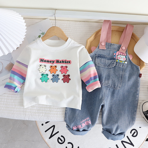 Yikids Girls' Cute Denim Overalls Set with Cartoon Doll Design, 2-Piece Outfit for Baby Girls